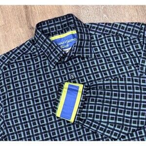Luchiano Visconti Black Shirt Mens Medium Windowpane Geometric Flip Cuff